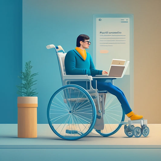 A stylized illustration of a person in a wheelchair effortlessly navigating an ecommerce website on their laptop, surrounded by subtle accessibility symbols and minimalist shopping bags.