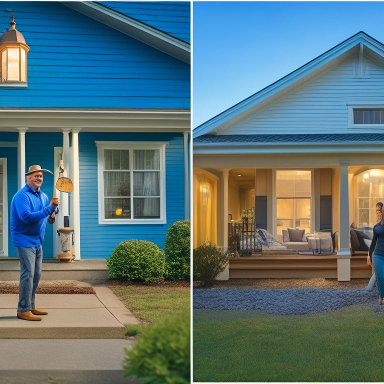 A split-screen image: a happy homeowner holding a hammer in front of a renovated house on one side, and a sly fraudster lurking in the shadows, holding a fake contract on the other.