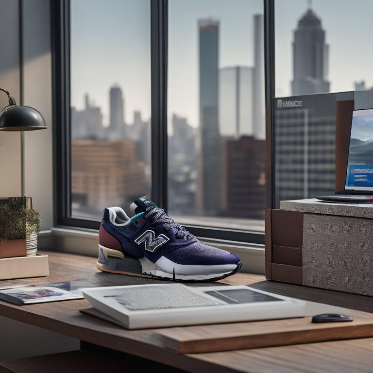 A tidy, modern desk with a laptop, notebook, and pens, surrounded by stacked shoe boxes with New Balance logos, amidst a blurred background of cityscape or office windows.