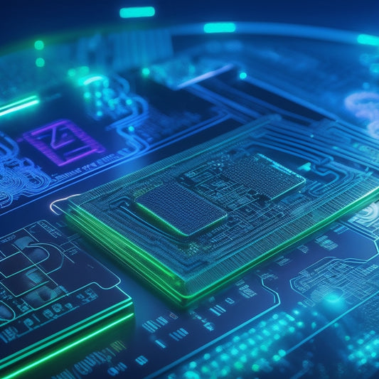 A futuristic, high-tech background with glowing blue circuits and wires, featuring a large, silver credit card with a glowing green chip, surrounded by swirling patterns of dollar signs and puzzle pieces.