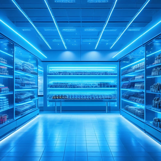 A futuristic retail store with robots and drones assisting customers, shelves restocking themselves, and a holographic display showcasing products, surrounded by a network of gears, circuits, and glowing blue lines.