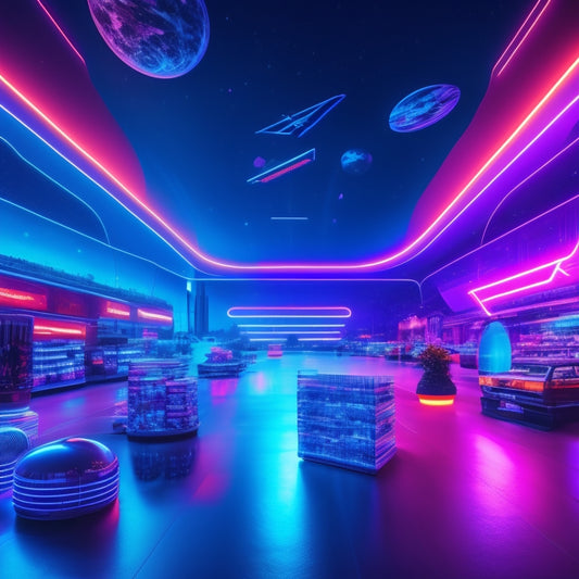 A futuristic, neon-lit digital landscape with a minimalist Carrd website interface in the center, surrounded by orbiting sales and marketing icons, such as shopping bags, charts, and targets.