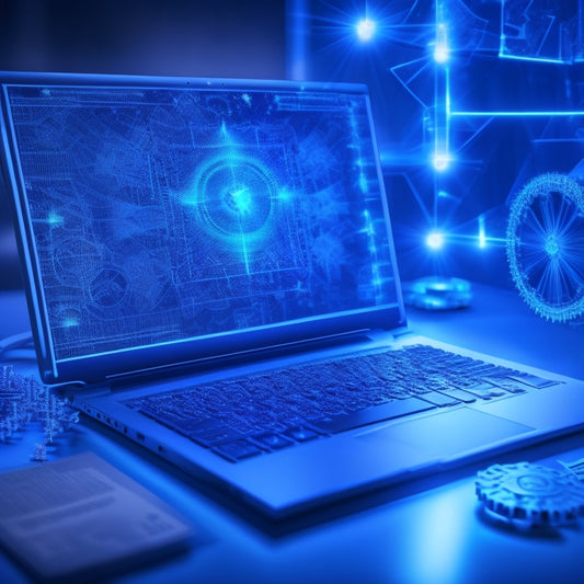 A futuristic, glowing blueprint unfolding from a laptop screen, surrounded by rising arrows, gears, and puzzle pieces, set against a dark blue background with subtle, shimmering stars.