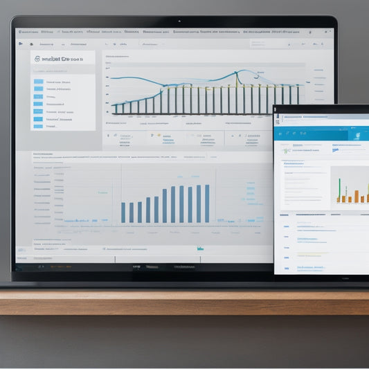 A split-screen image with a laptop on the left displaying a LinkedIn dashboard and a Shopify storefront on the right, with a subtle grid of analytics graphs in the background.