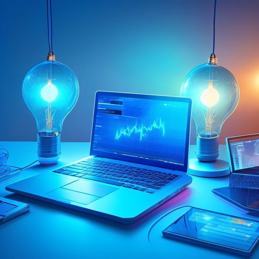 A stylized illustration of a laptop and tablet surrounded by bursting lightbulbs, coins, and rising graphs, set against a gradient blue background, conveying digital success and profit.