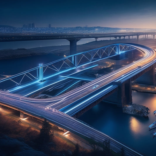 A futuristic illustration depicting a large, glowing bridge connecting two distant landscapes, with laptops, smartphones, and tablets scattered along the bridge, surrounded by subtle circuitry patterns and softly glowing coding symbols.