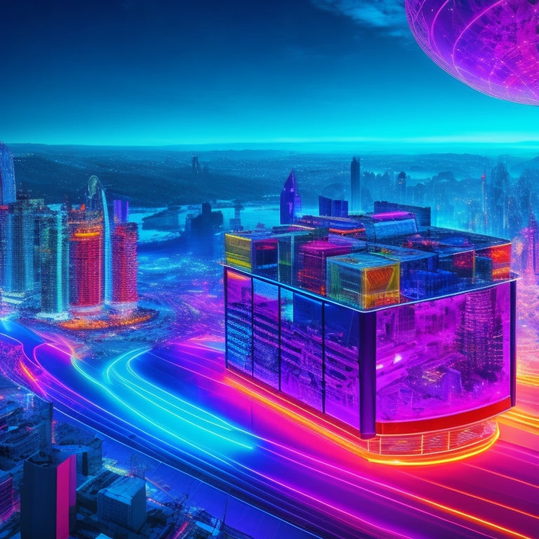 A futuristic, neon-lit cityscape with sleek skyscrapers, featuring a giant shopping cart icon at the center, surrounded by orbiting digital devices, robotic arms, and abstract data streams in a kaleidoscope of colors.