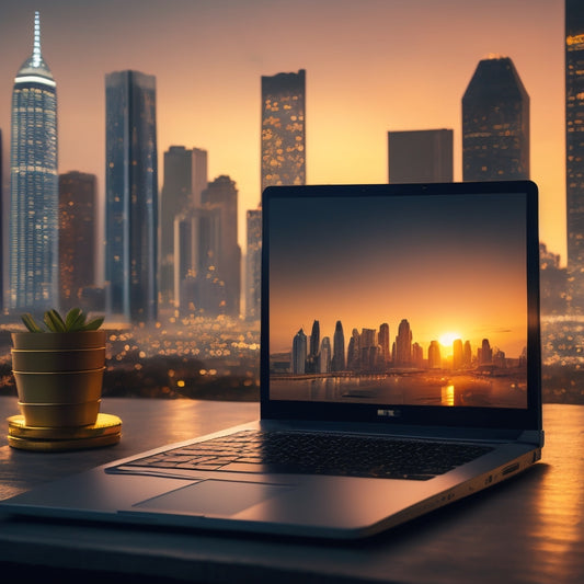 A futuristic, sleek laptop on a minimalist background, surrounded by rising stacks of money and golden coins, with a subtle cityscape at dusk in the background, symbolizing financial freedom.