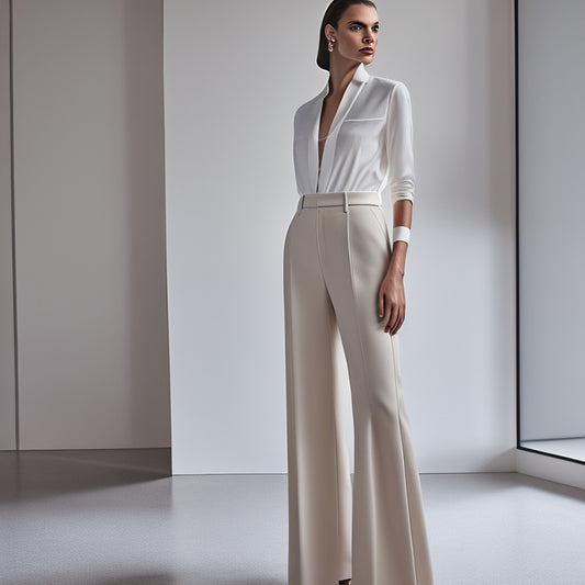 A stylish, modern woman stands in a neutral-colored studio, wearing a pair of Cass pants with prominent pleats at the front, paired with a crisp white shirt and sleek stilettos.