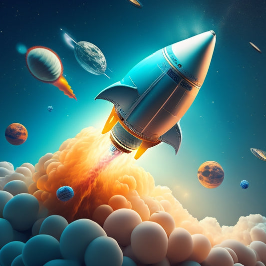 A stylized illustration of a rocket ship blasting off, surrounded by swirling digital patterns and product icons, with a subtle e-commerce themed background, conveying rapid growth and digital momentum.