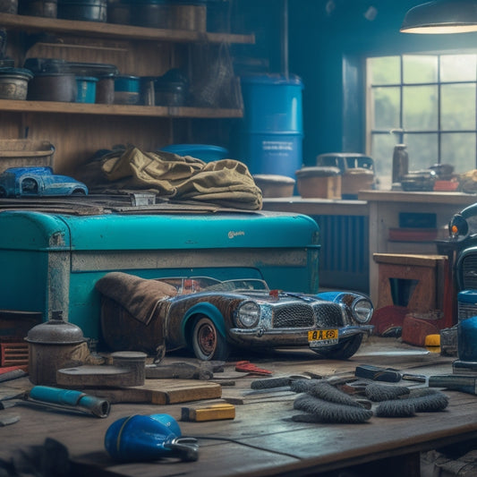 A cluttered garage workbench with scattered tools, a vintage car in the background, and a worn Haynes manual lying open, with a pair of greasy gloves and a socket wrench nearby.