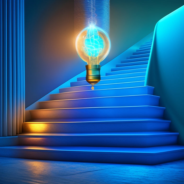 Illustrate a stylized, 3D graph with ascending stair-step lines in shades of blue, culminating in a peak with a golden coin, surrounded by subtle, glowing lightbulbs and faint, blurred dollar signs.