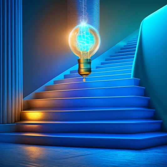 Illustrate a stylized, 3D graph with ascending stair-step lines in shades of blue, culminating in a peak with a golden coin, surrounded by subtle, glowing lightbulbs and faint, blurred dollar signs.