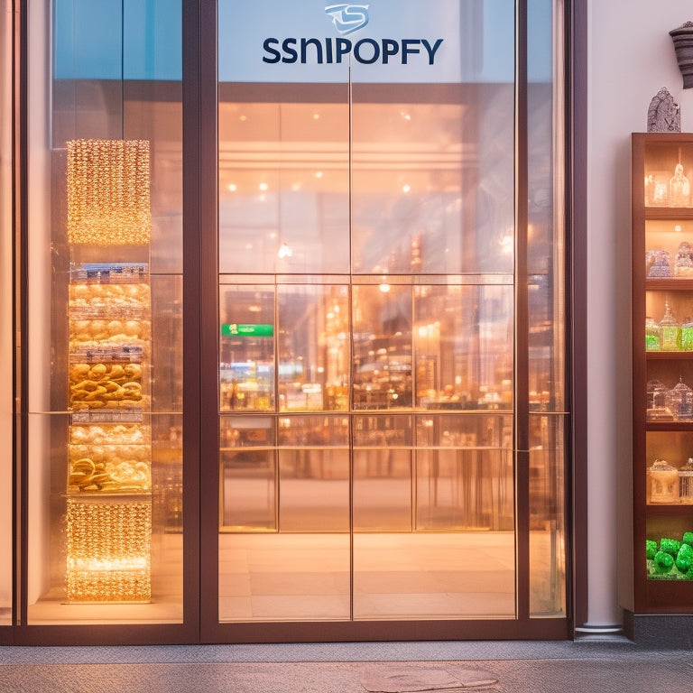 A transparent glass storefront with a Shopify logo on the door, surrounded by price tags and coins, with a subtle cityscape in the background, illuminated by a bright, warm light.