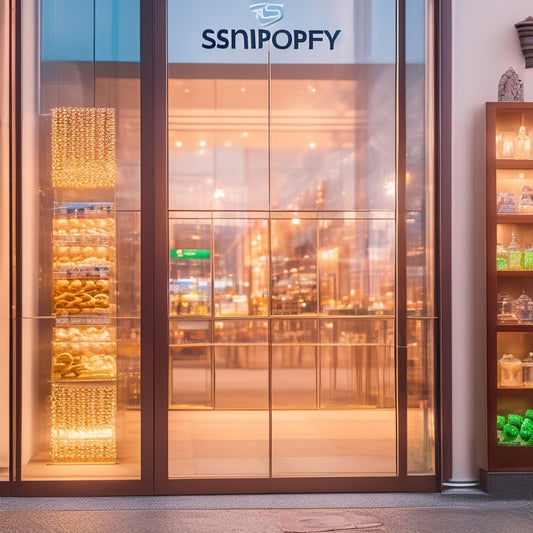 A transparent glass storefront with a Shopify logo on the door, surrounded by price tags and coins, with a subtle cityscape in the background, illuminated by a bright, warm light.