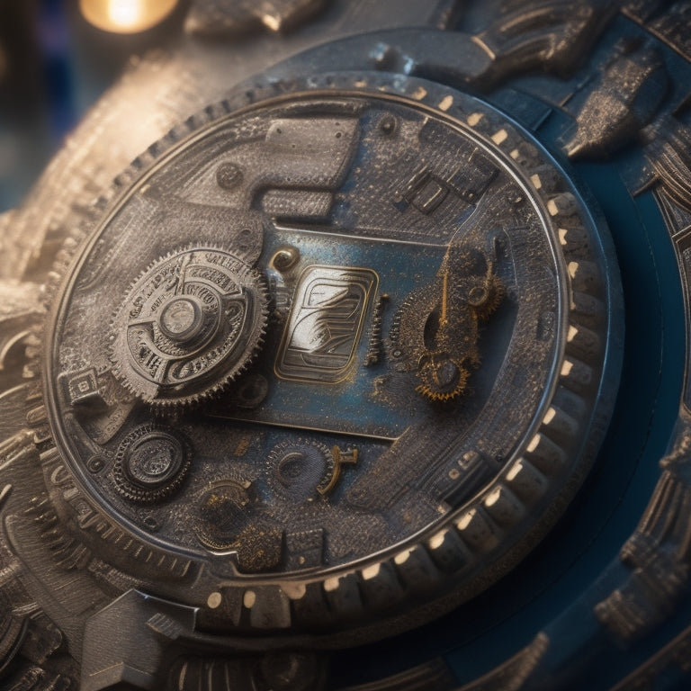 A shield with a credit card emblem in the center, surrounded by a circle of gears and cogs, with a faint digital circuit board pattern in the background, conveying protection and security.