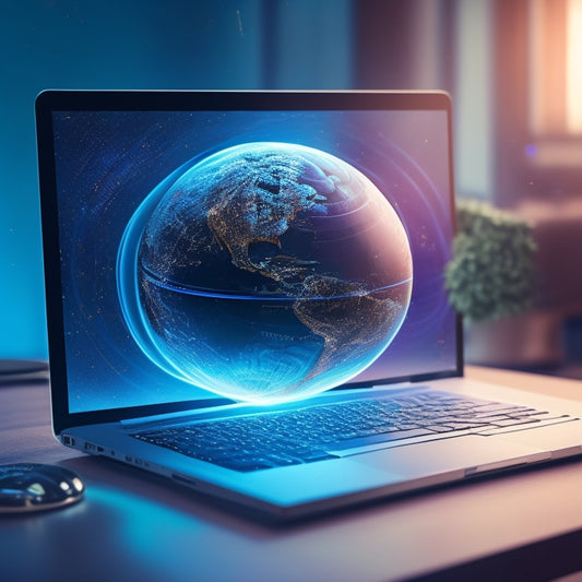 A futuristic, minimalist illustration of a laptop and a globe, connected by a swirling vortex of ones and zeros, surrounded by subtle, glowing transaction trails and abstract, geometric shapes.