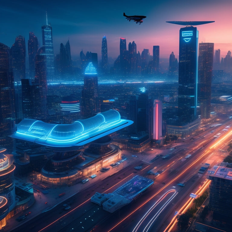 A futuristic cityscape at dusk with sleek skyscrapers, neon lights, and hover drones transporting packages, surrounded by orbiting digital icons of shopping carts, credit cards, and mobile devices.