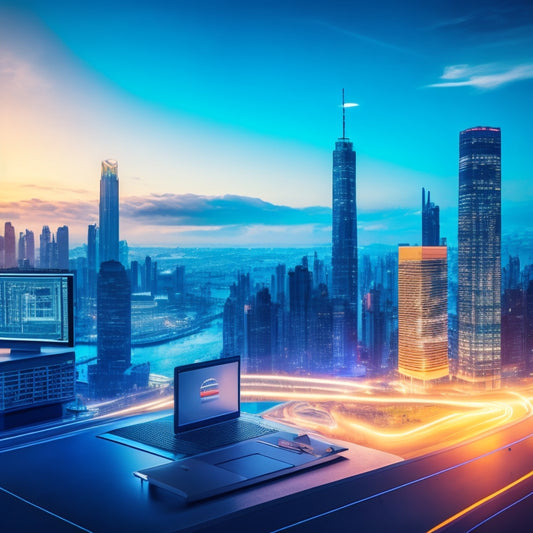 A minimalist composition featuring a merchant surrounded by various digital devices, with a subtle cityscape background, incorporating icons and graphics representing online security, data analysis, and e-commerce tools.