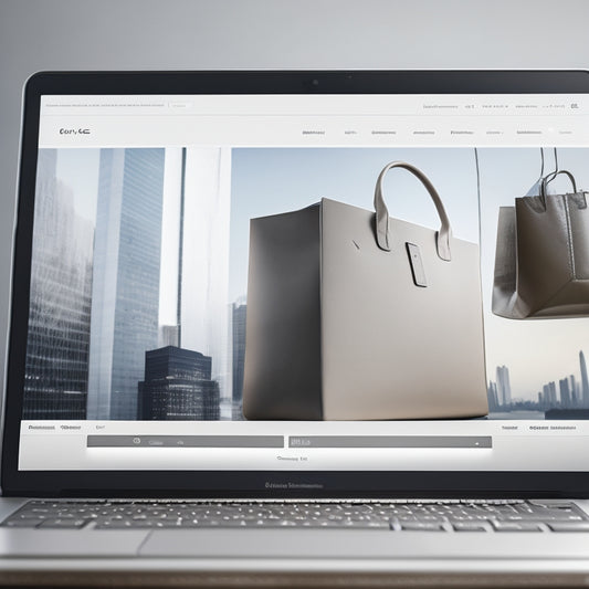 A minimalist, modern e-commerce website dashboard on a sleek, silver laptop, with a blurred cityscape background, featuring a rising graph and a few scattered shopping bags.