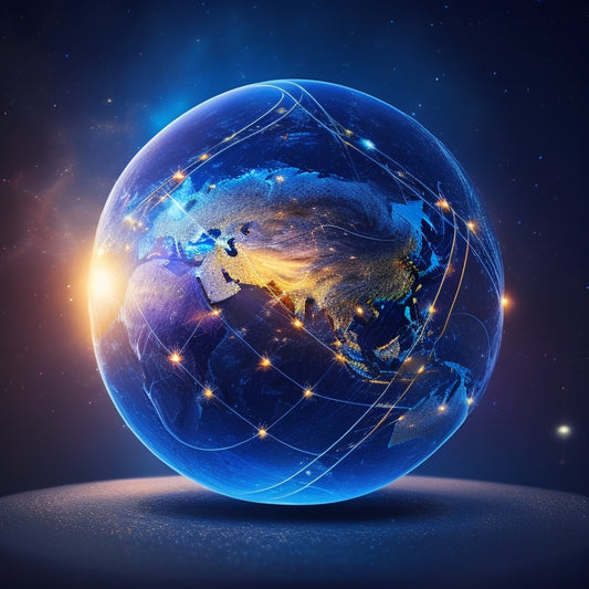 A stylized globe with a glowing, pulsing aura, surrounded by swirling e-book icons and subtle, shimmering network lines, set against a dark blue background with subtle starry night sky undertones.