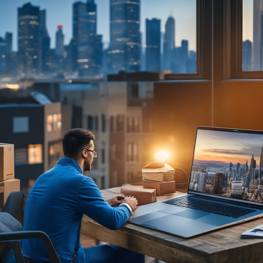 An illustration of a person sitting in front of a laptop, surrounded by boxes of various print-on-demand products, with a subtle cityscape in the background, symbolizing online business success.