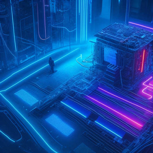 A futuristic, neon-lit maze with glowing blue circuits and wires, a lone, glowing arrow points towards a dead-end, surrounded by shattered screens and discarded motherboards.