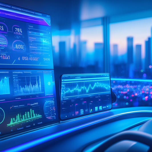 A futuristic dashboard with colorful, swirling data visualizations, surrounded by interconnected gears, smartphones, and tablets, with a subtle cityscape background, conveying innovation and connection.