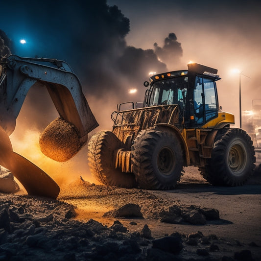 A dramatic, high-contrast image of a wheel loader in action, with bright sparks flying from its bucket as it digs into a pile of rubble, surrounded by a blurred, industrial background.