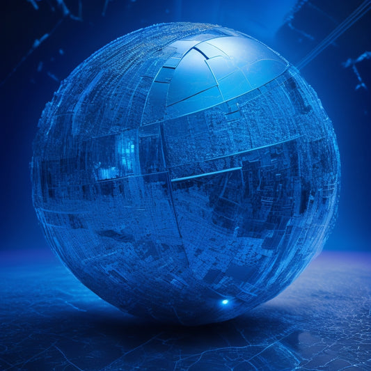 A futuristic, abstract illustration featuring a glowing blue sphere with cracks, surrounded by broken, fragmented puzzle pieces, being reassembled by digital circuits and wires.