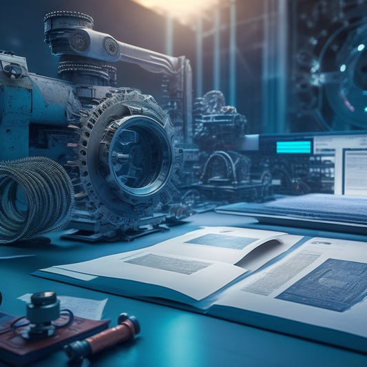 A futuristic, high-tech background with robotic arms and gears, surrounded by swirling PDF files and papers, with a central console displaying a 3D model of a PDF document being generated.