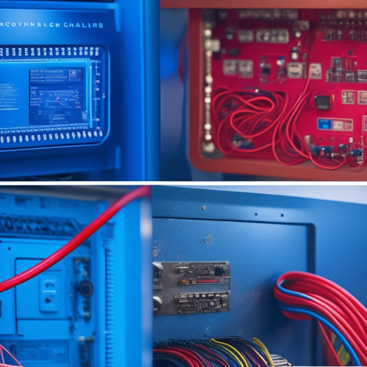 A split-screen image with a coding interface on the left, featuring a messy tangle of blue and red wires, and a sleek, minimalist dashboard on the right, with a few tidy blue wires.