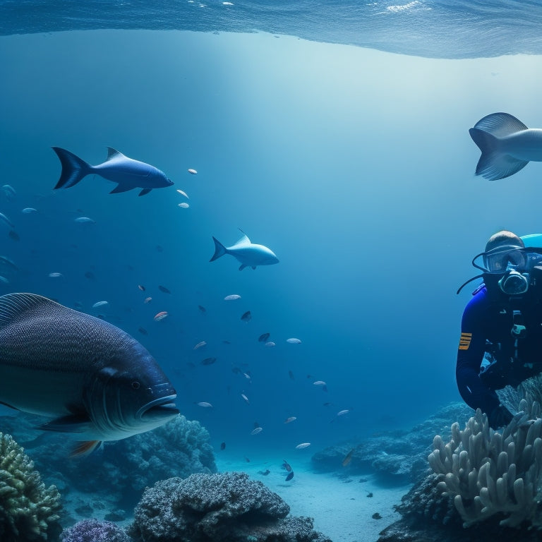 A serene ocean scene with a subtle gradient of blues, featuring a scuba diver in the foreground, surrounded by schools of fish, with a faint image of a bookshelf or library in the background.