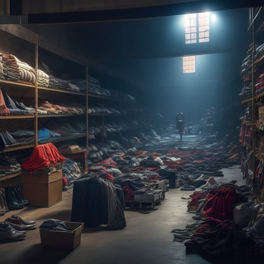 A dimly lit, cluttered warehouse with rows of shelves stacked high with designer clothing, shoes, and accessories, with garments spilling onto the floor in a chaotic mess.