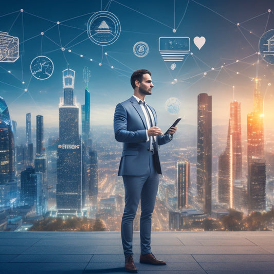 An illustration of a merchant standing in front of a cityscape with various digital icons and symbols (e.g. Wi-Fi signals, smartphones, laptops, and credit cards) orbiting around them, conveying a sense of connection and control.