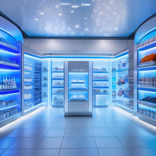 A futuristic retail space with sleek, silver shelves and neon-lit aisles, featuring futuristic digital health gadgets and devices on display, surrounded by holographic projections and ambient LED lights.