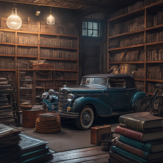 A dimly lit, vintage-inspired book store with rows of old car manuals and mechanic guides on wooden shelves, surrounded by antique car parts and rusty tools, with a classic car in the background.