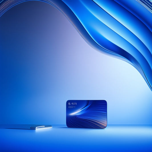 A futuristic, minimalist background with a large, sleek gift card hovering above a smartphone, surrounded by swirling lines and shapes in shades of blue, conveying innovation and digital connection.