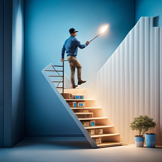 An illustration of a person climbing a ladder, with each rung representing a step, set against a background of Amazon boxes and shopping carts, with a subtle arrow pointing upwards towards a bright light.