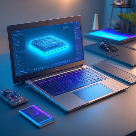 A futuristic, sleek laptop with a glowing screen displaying a vibrant, interactive e-learning platform, surrounded by scattered tablets, headphones, and a robotic arm holding a stylus.