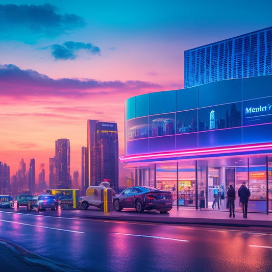 A futuristic cityscape at dusk with a merchant's storefront in the foreground, surrounded by sleek digital interfaces and holographic displays, with robots and drones assisting customers.