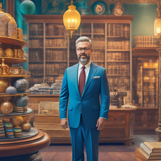 An illustration of a confident online shop owner standing in front of a well-organized digital storefront, surrounded by scrolls, folders, and a miniature globe, with a subtle background of code and law books.