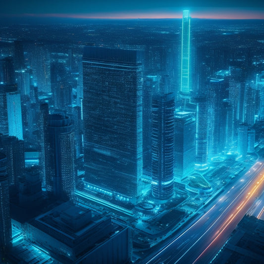 A futuristic cityscape at dusk with sleek skyscrapers and neon lights, featuring a large, glowing circuit board pattern on the side of a central building, pulsing with blue and green electricity.