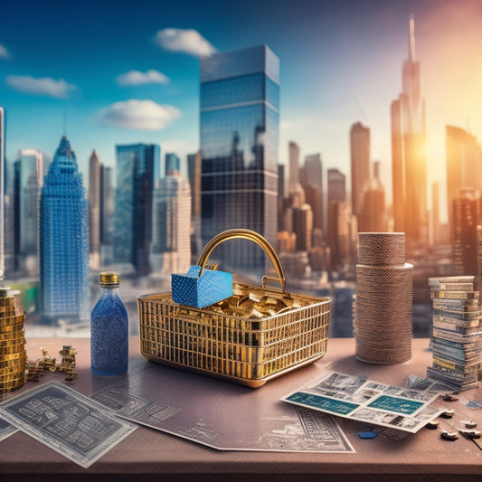 An illustration of a puzzle with price tags and coins as puzzle pieces, surrounded by shopping bags and carts, set against a background of a cityscape with skyscrapers and a rising graph.