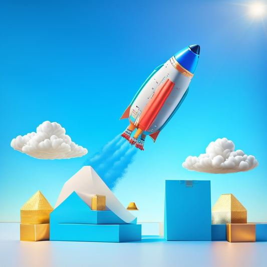 A stylized, minimalist illustration of a rocket ship blasting off, surrounded by ecommerce icons like shopping carts, packages, and laptops, set against a bright blue sky with fluffy white clouds.