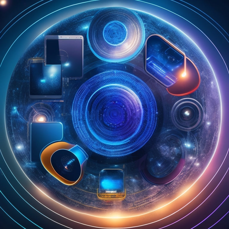 An abstract illustration of a central hub radiating concentric circles, with diverse devices and platforms (e.g., laptops, smartphones, tablets) orbiting around it, connected by vibrant, glowing lines.