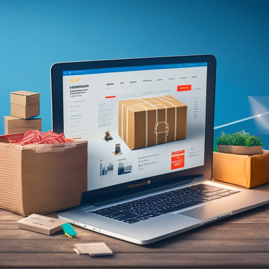 A stylized illustration of an e-commerce website on a laptop screen, with a zipper seamlessly integrating into the website's interface, surrounded by icons of shipping boxes, payment methods, and analytics graphs.