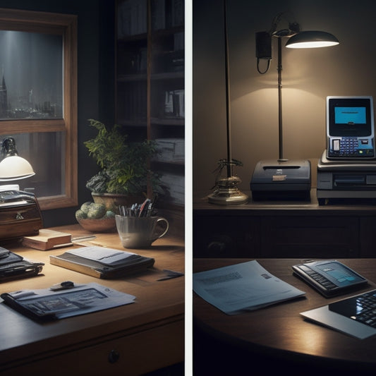 A split-screen image featuring a cluttered, dimly lit desk with scattered papers and broken credit card machines on one side, and a tidy, well-lit workspace with a single, sleek payment terminal on the other.
