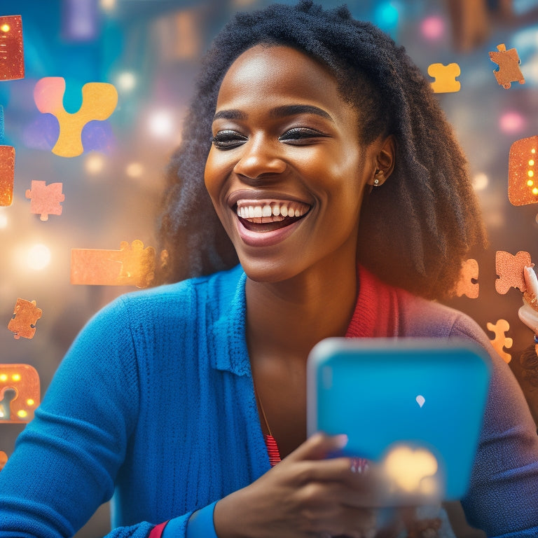 A bright, minimalist illustration featuring a smiling customer surrounded by glowing, interconnected digital devices, with puzzle pieces fitting together in the background, symbolizing seamless user experiences.