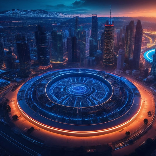 A futuristic, neon-lit cityscape at dusk, with sleek skyscrapers and bustling streets, featuring a giant, glowing keyhole in the center, surrounded by orbiting gears and circuits.